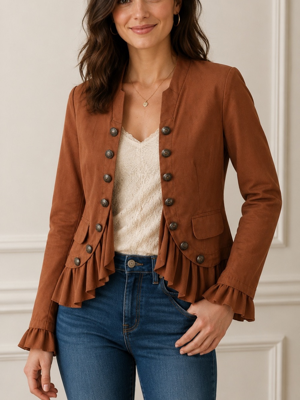 Haoduoyi Ruffle Hem Jacket Medium Rust Brown Button Front Feminine